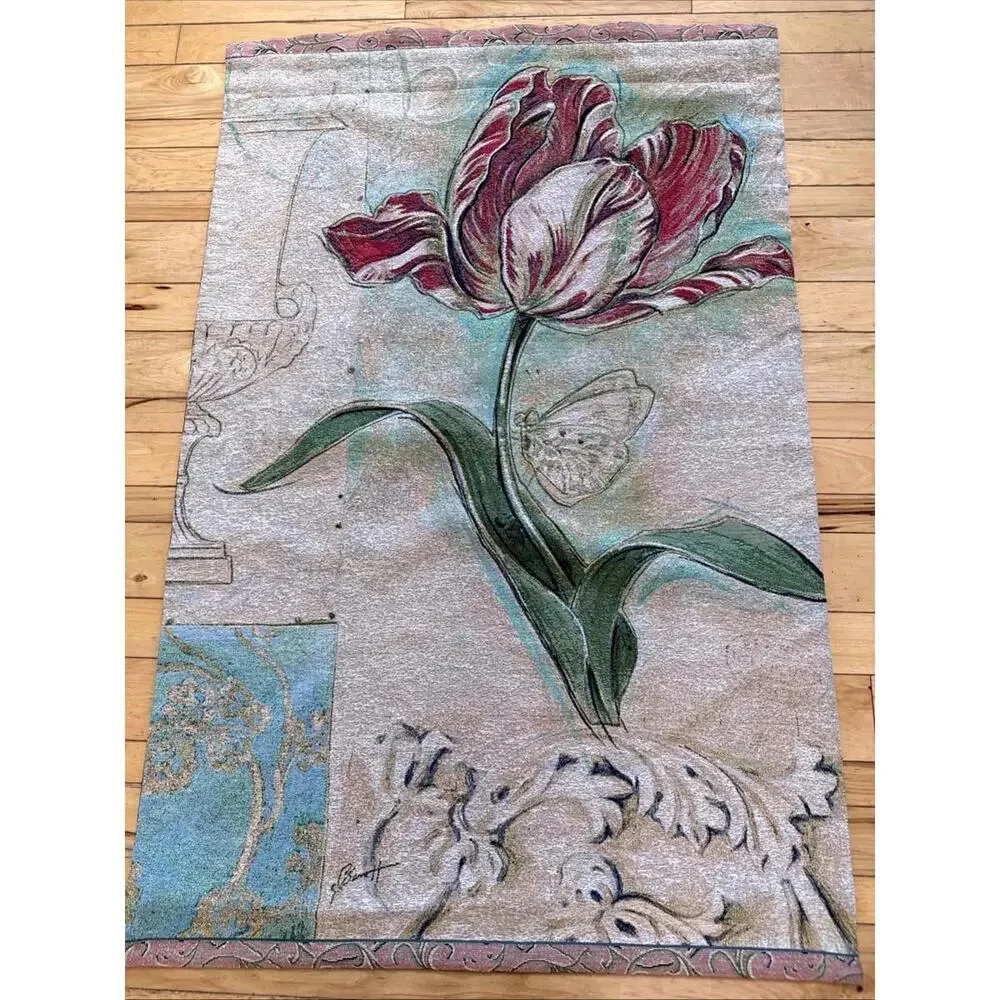 VTG French Tapestry Flowers Butterfly Wall Hanging Art Home Decor 3x4’ Cottage